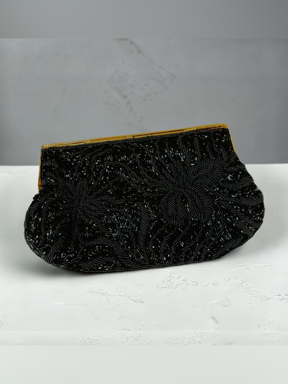Elegant Black Beaded Evening Clutch with Gold Trim
